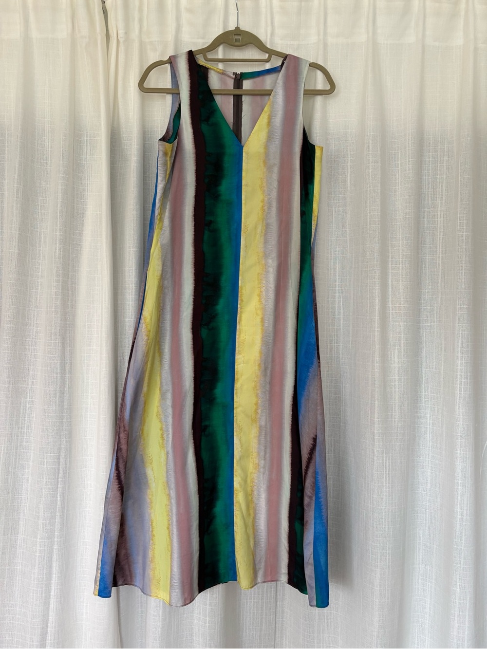 COS Sleeveless V-Neck Midi Dress in Yellow, Green, Blue and Pink Stripes